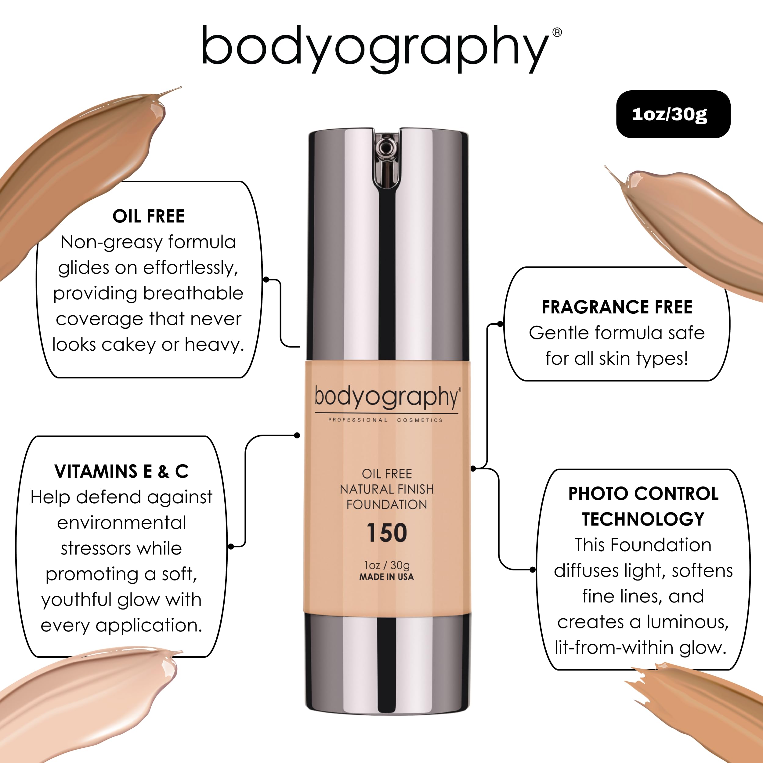 Bodyography Natural Finish Foundation photo-ready look in warm undertone.