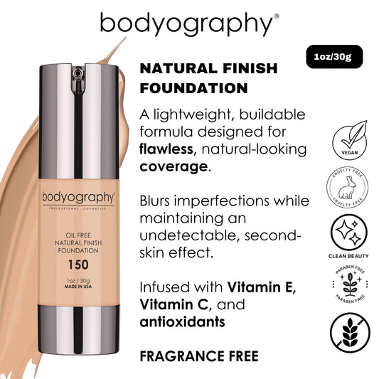 Bodyography Natural Finish Foundation Dark/Warm 240 swatch on skin showing seamless blend.