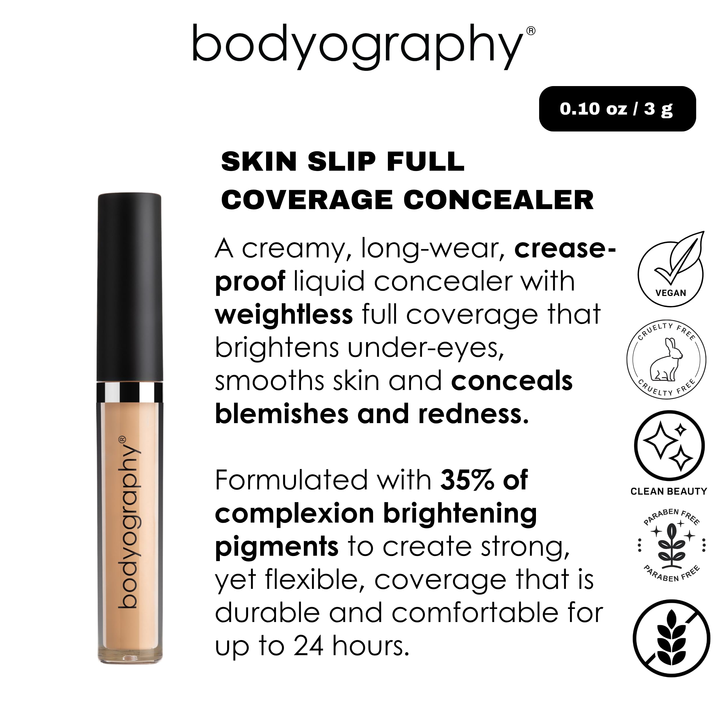 Bodyography Skin Slip concealer on skin demonstrating buildable coverage