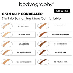 Bodyography Skin Slip swatches demonstrate 35 percent pigment for true color payoff.