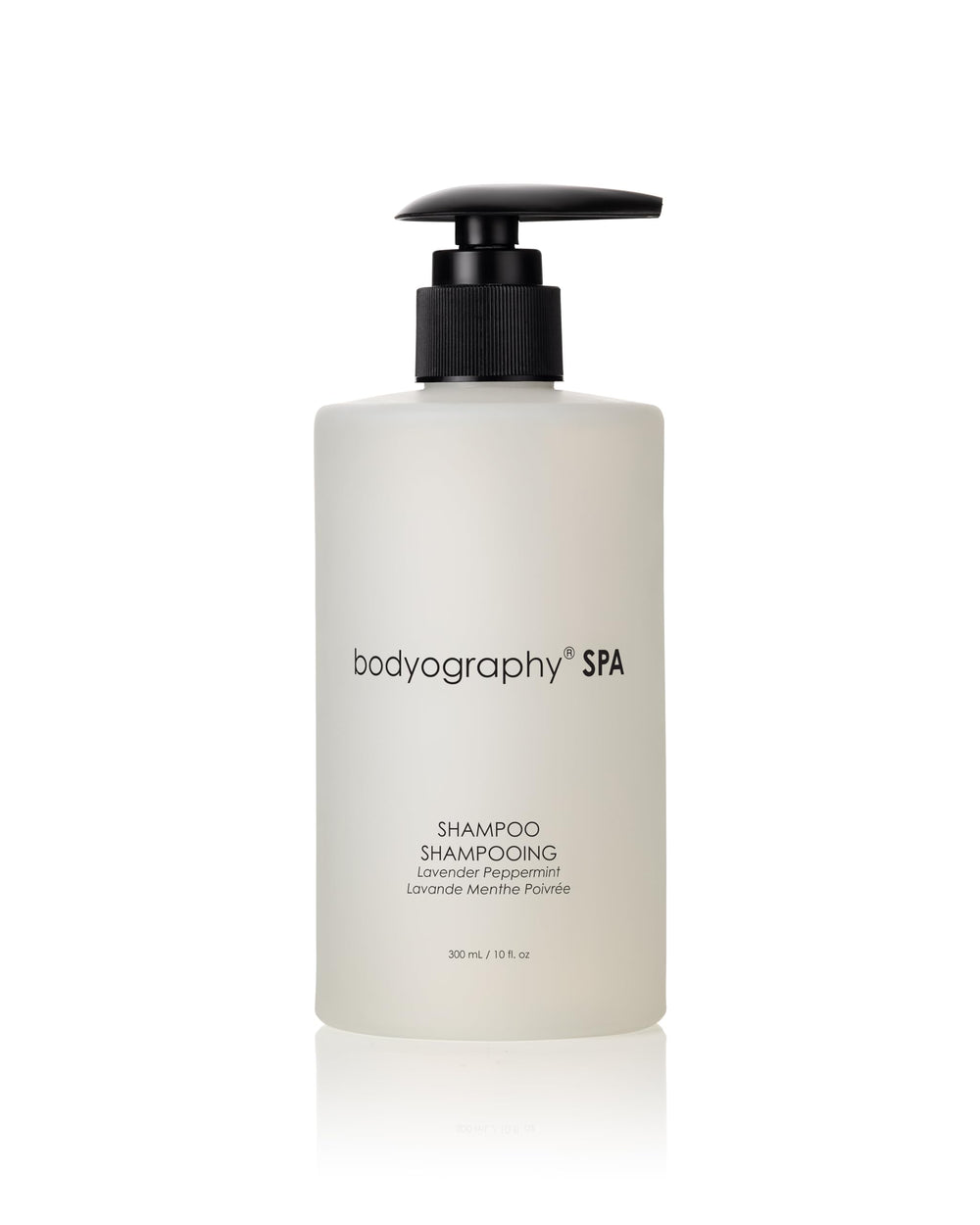 Bodyography Spa Shampoo Lavender Peppermint bottle pour for a refreshing cleanse