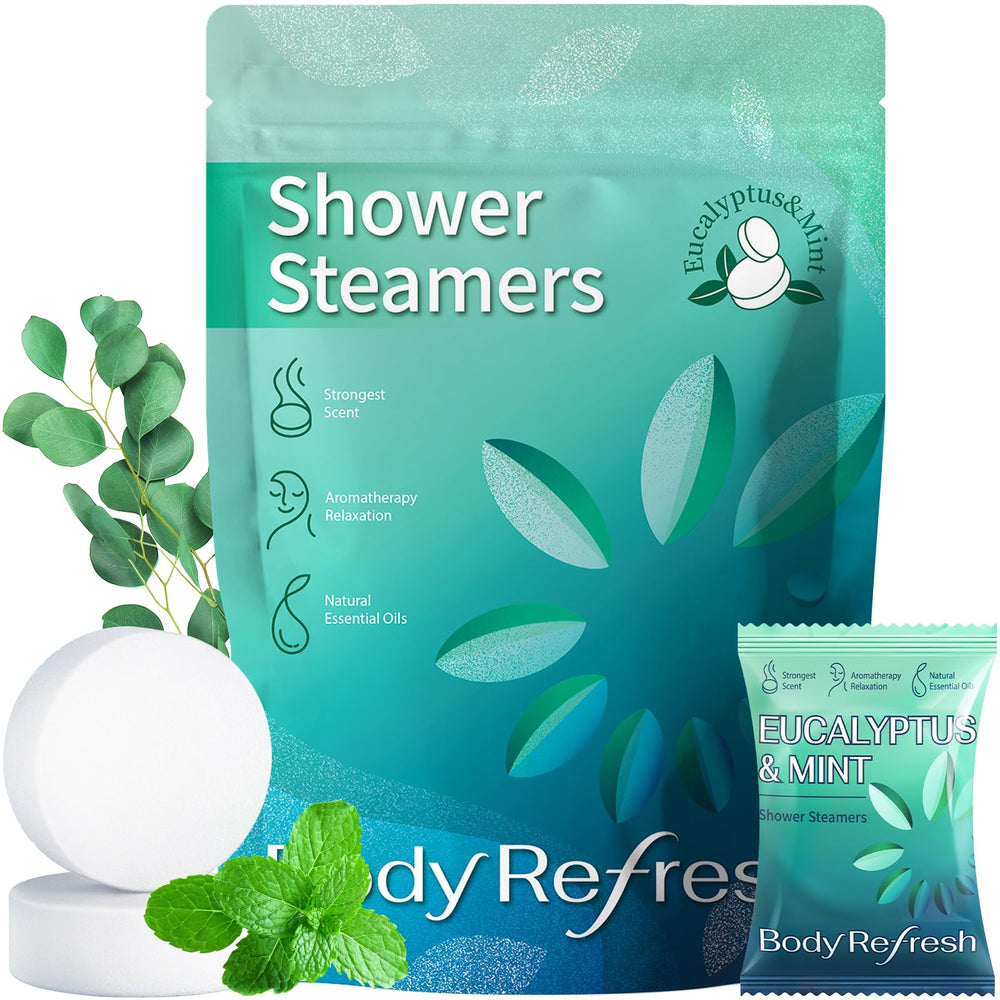 BodyRefresh shower steamers with eucalyptus and mint – closeup releasing calming aroma.