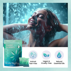 BodyRefresh shower steamers in a bathroom – refreshing scent fills the air.