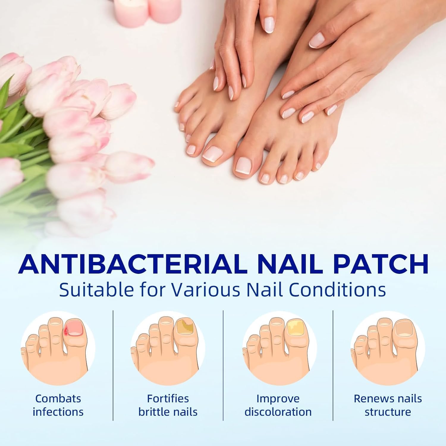 BOELIKAYS toe nail patches on toe for easy at-home care.