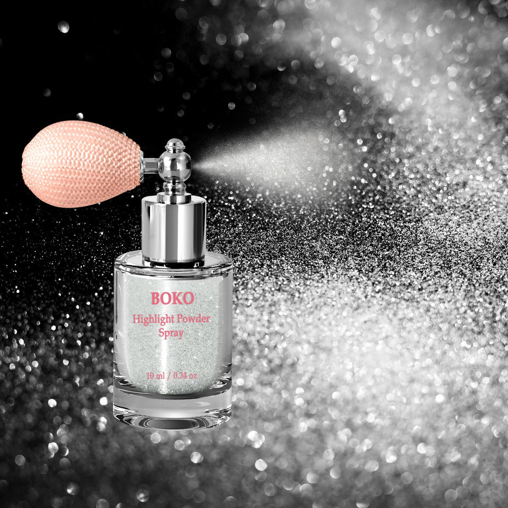 Boko Body Glitter Spray bottle pour showing easy application and shimmer.