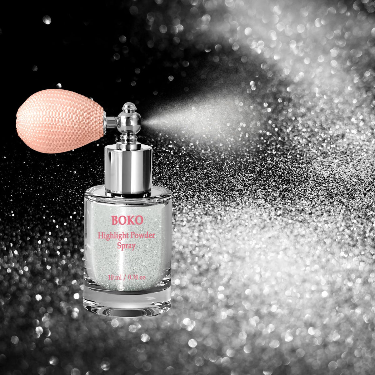 Boko Body Glitter Spray bottle pour showing easy application and shimmer.