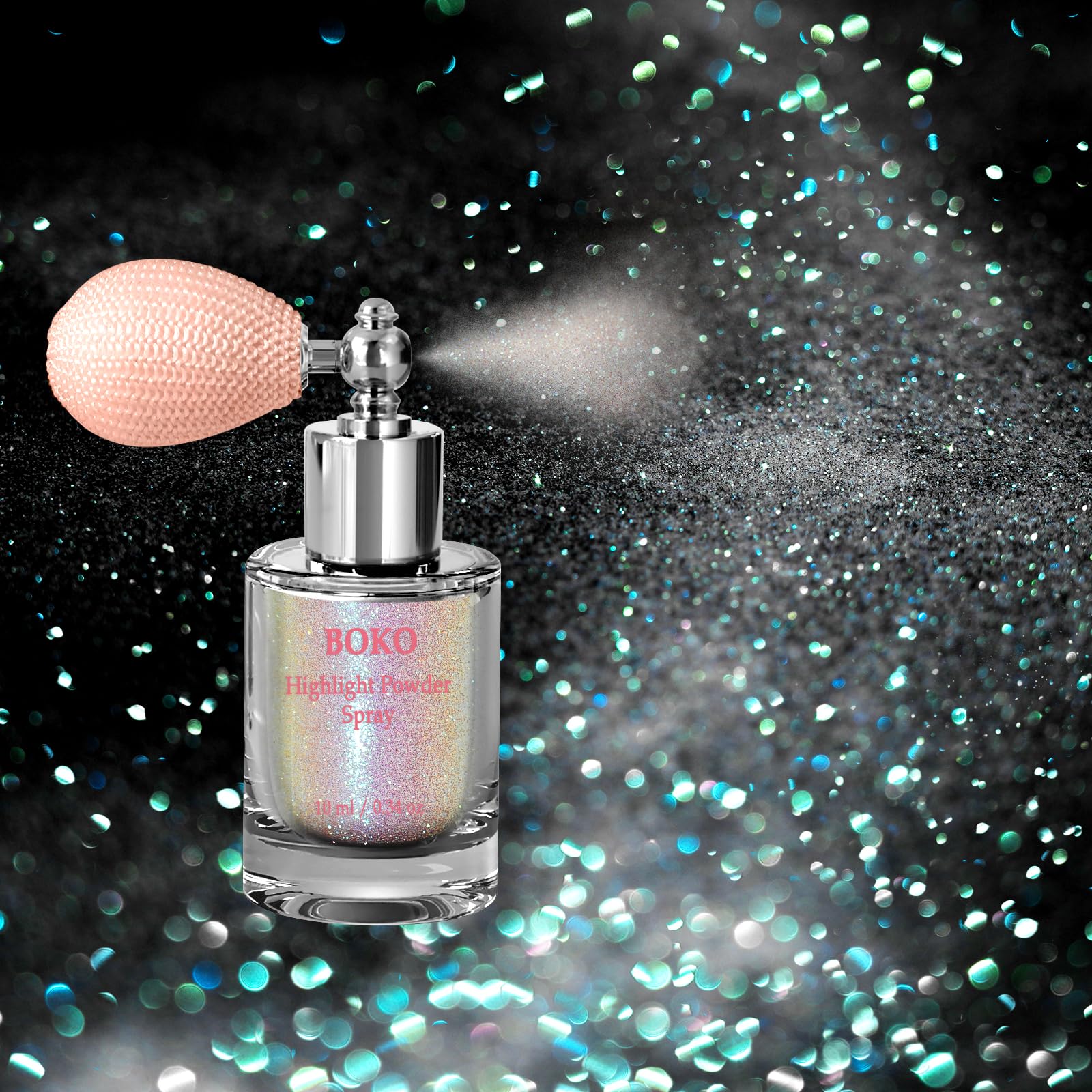Boko Body Glitter Spray bottle displaying iridescent sparkle for festival makeup.