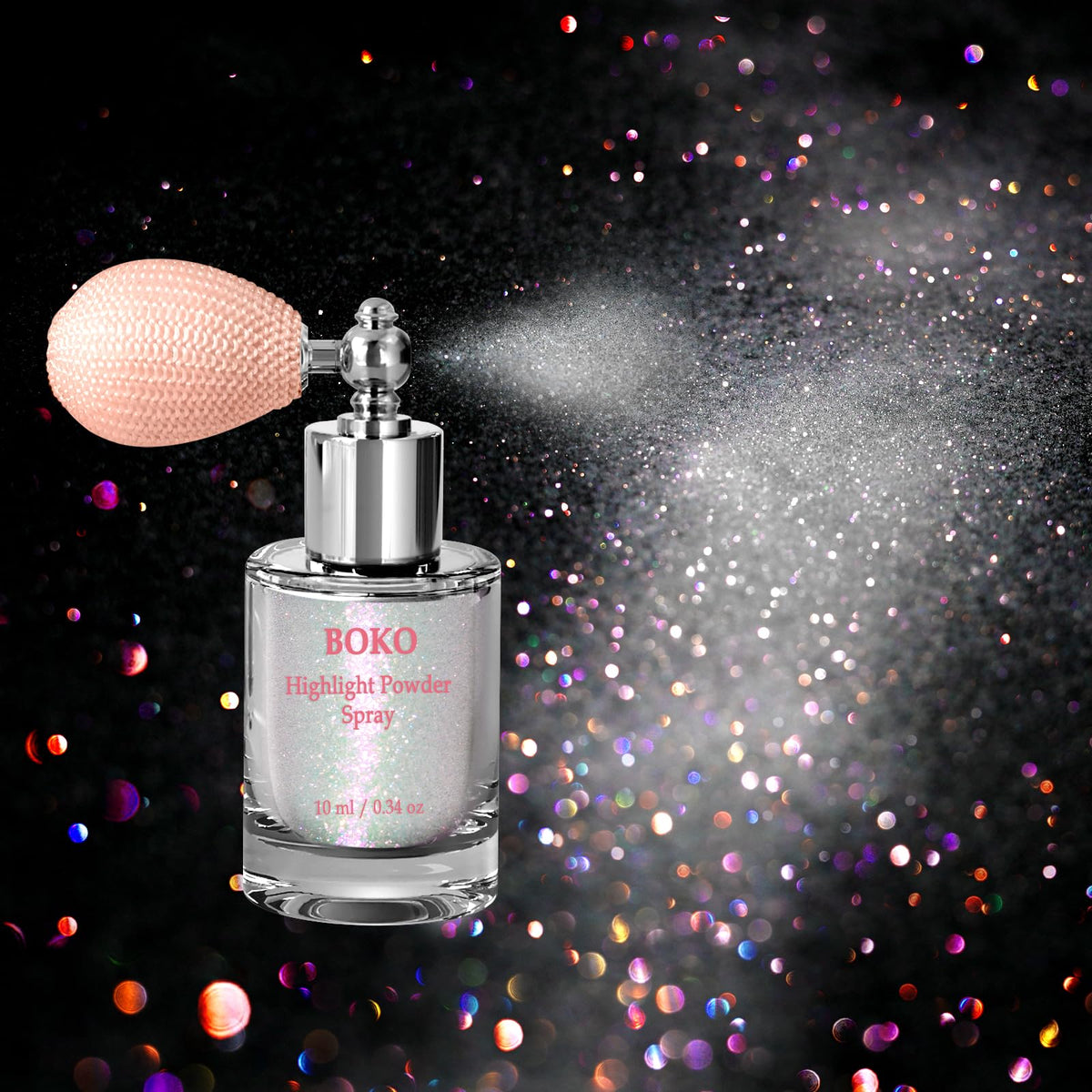 Boko Body Glitter Spray bottle with iridescent shimmer for dazzling festival looks.