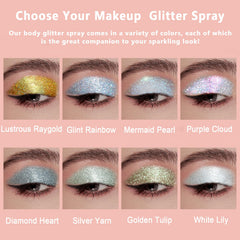 Boko glitter spray on face highlights cheekbones with luminous silver sparkle
