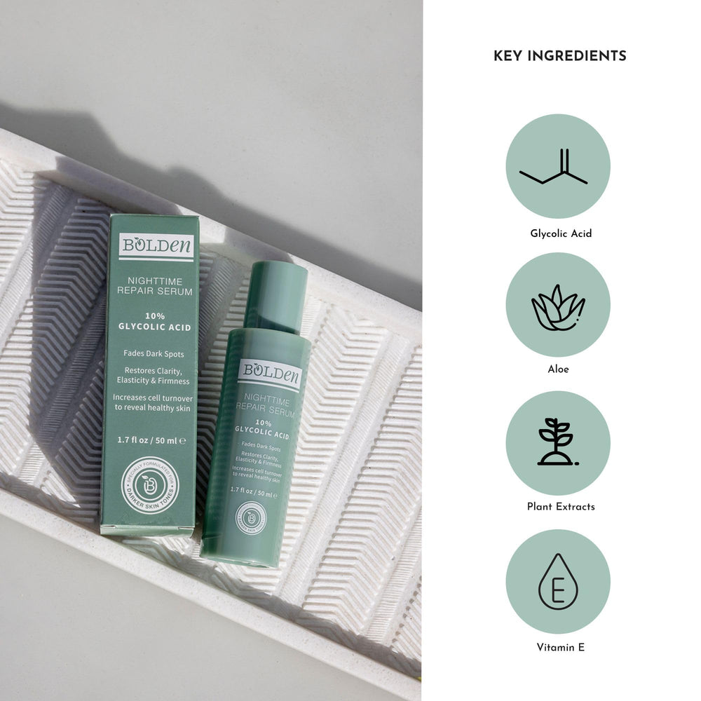 Bolden Nighttime Repair Serum ingredients close-up highlights glycolic acid and vitamin E for gentle renewal.