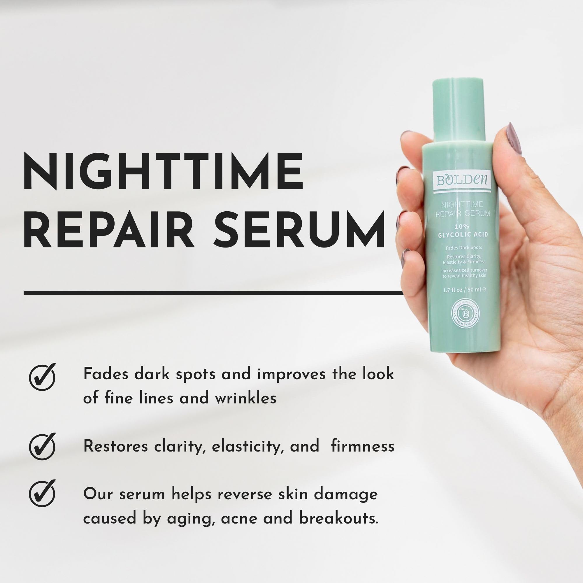 Bolden Nighttime Repair Serum texture close-up demonstrates lightweight, fast-absorbing formula.