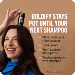Boldify Hair Fibers before-and-after look highlights thicker appearance.