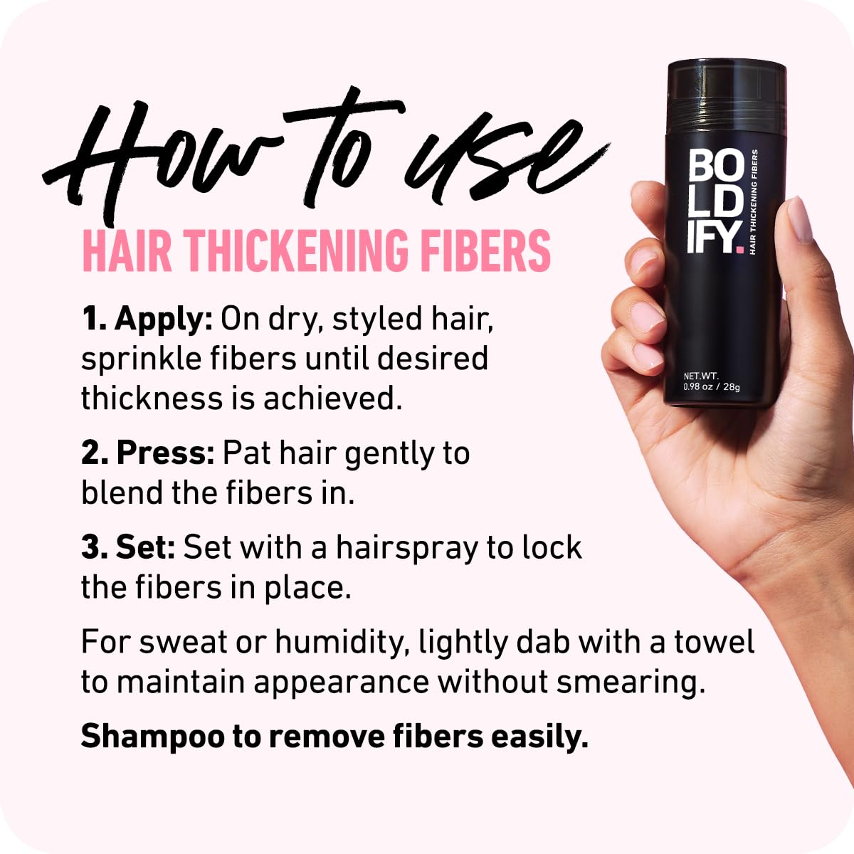 Boldify Hair Fibers packaging showcases cruelty-free formula.