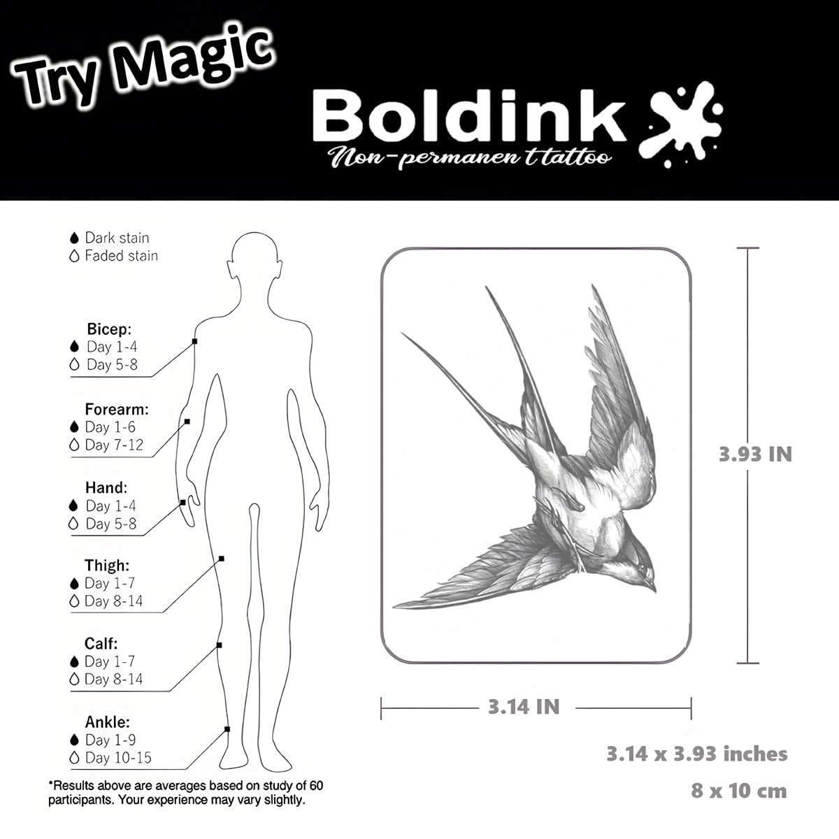 Boldink Bird 2 tattoos withstand water for events and daily wear.