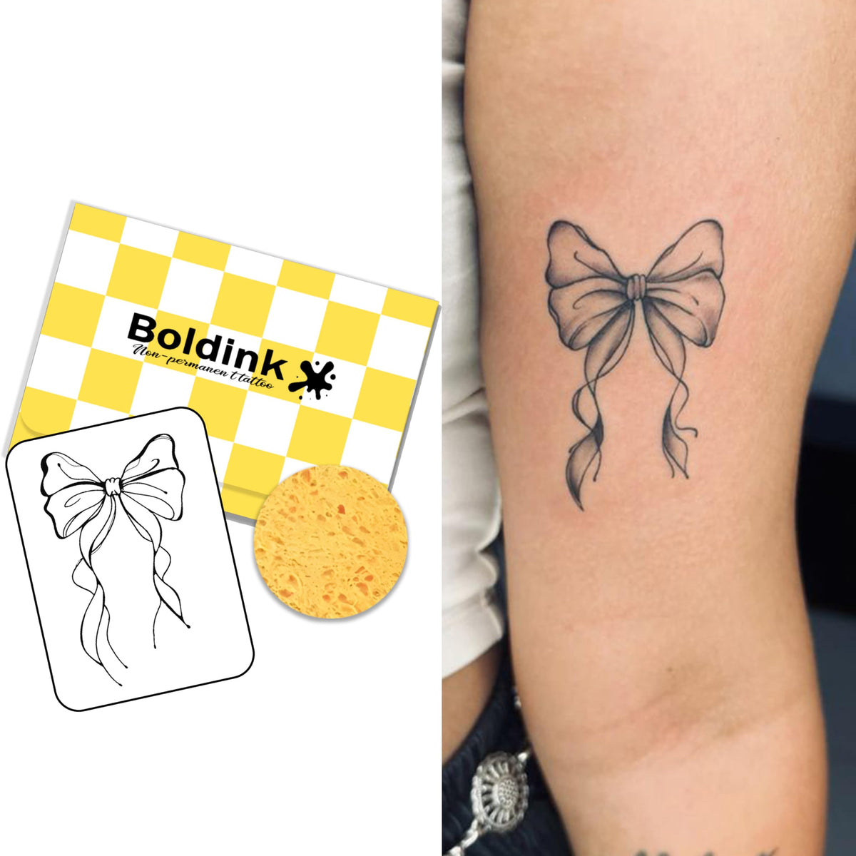 Boldink Bowknot 2 tattoo set on skin with a realistic, long-lasting look.