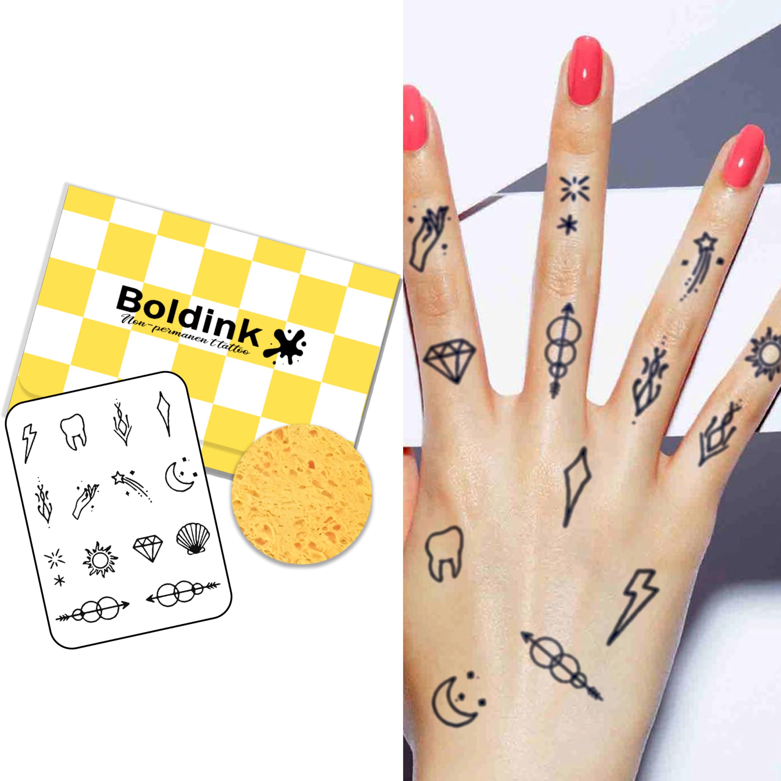 Boldink finger tattoo designs shown on skin, long-lasting and waterproof.