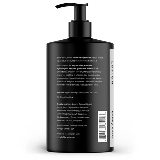 Boldly Basic Fragrance Free Lotion pump dispense demonstrates non-greasy application