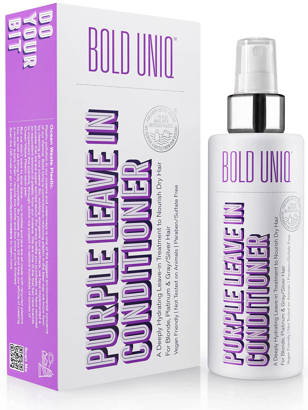 Bold Uniq Purple Leave-In Conditioner bottle ready for detangling and color maintenance.