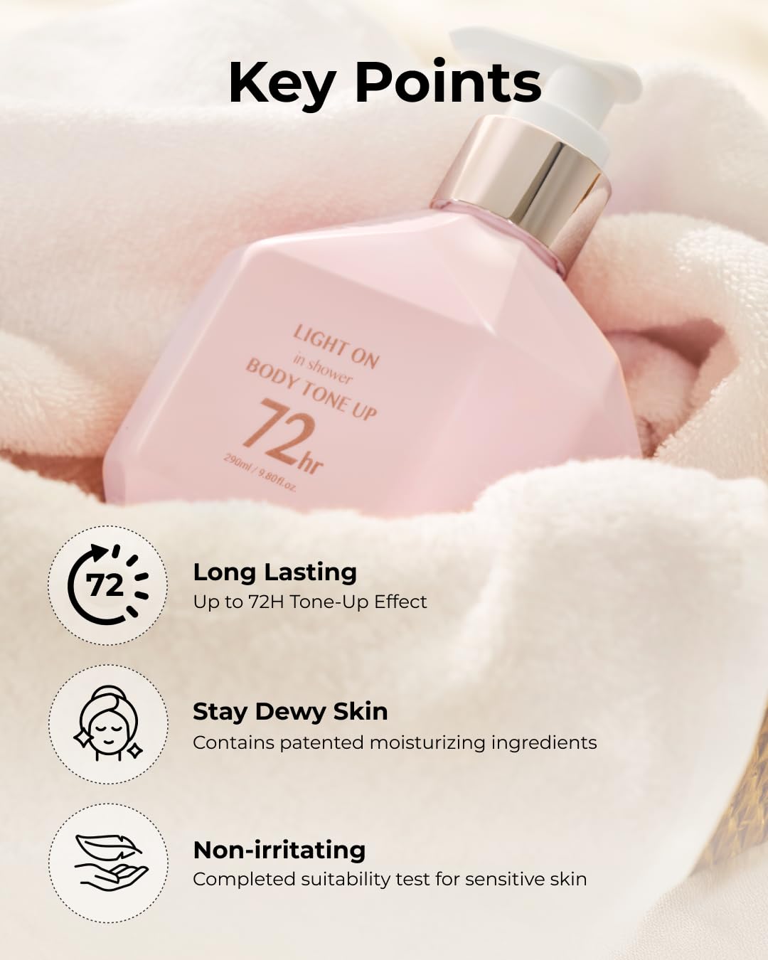 BOM Light On In-Shower silky hydration texture after washing for smooth skin.