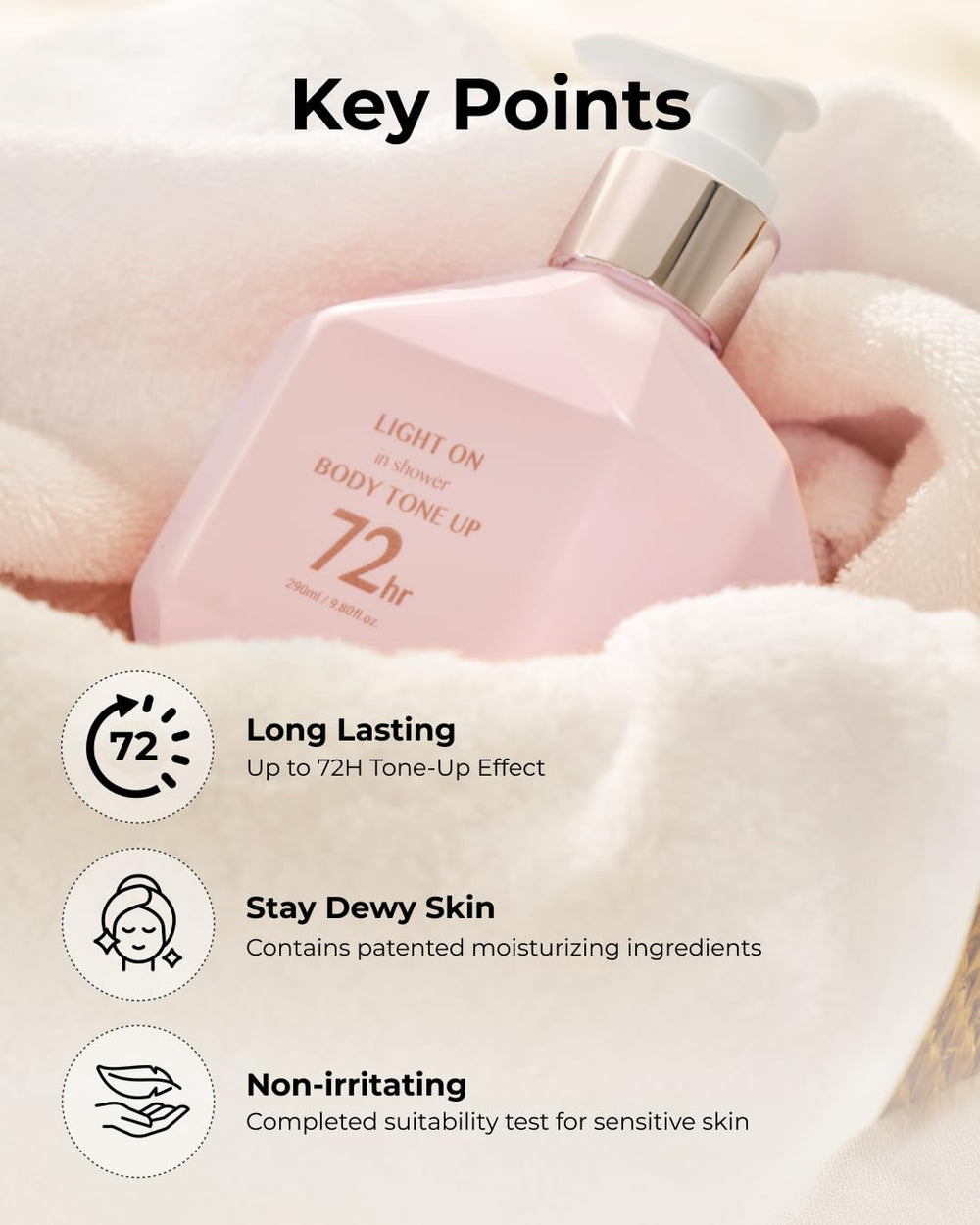 BOM Light On In-Shower silky hydration texture after washing for smooth skin.
