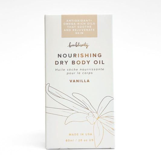Bonblissity Nourishing Body Oil vanilla application on arm delivers fast-absorbing moisture.