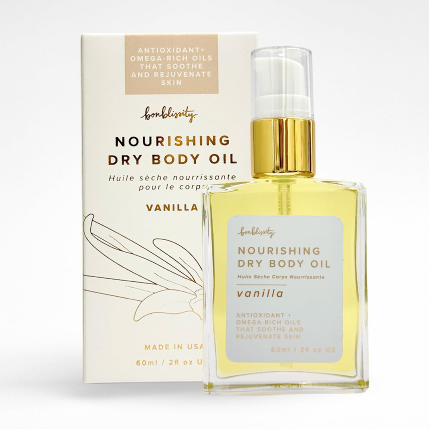 Bonblissity Nourishing Body Oil vanilla close-up skin glow without grease.