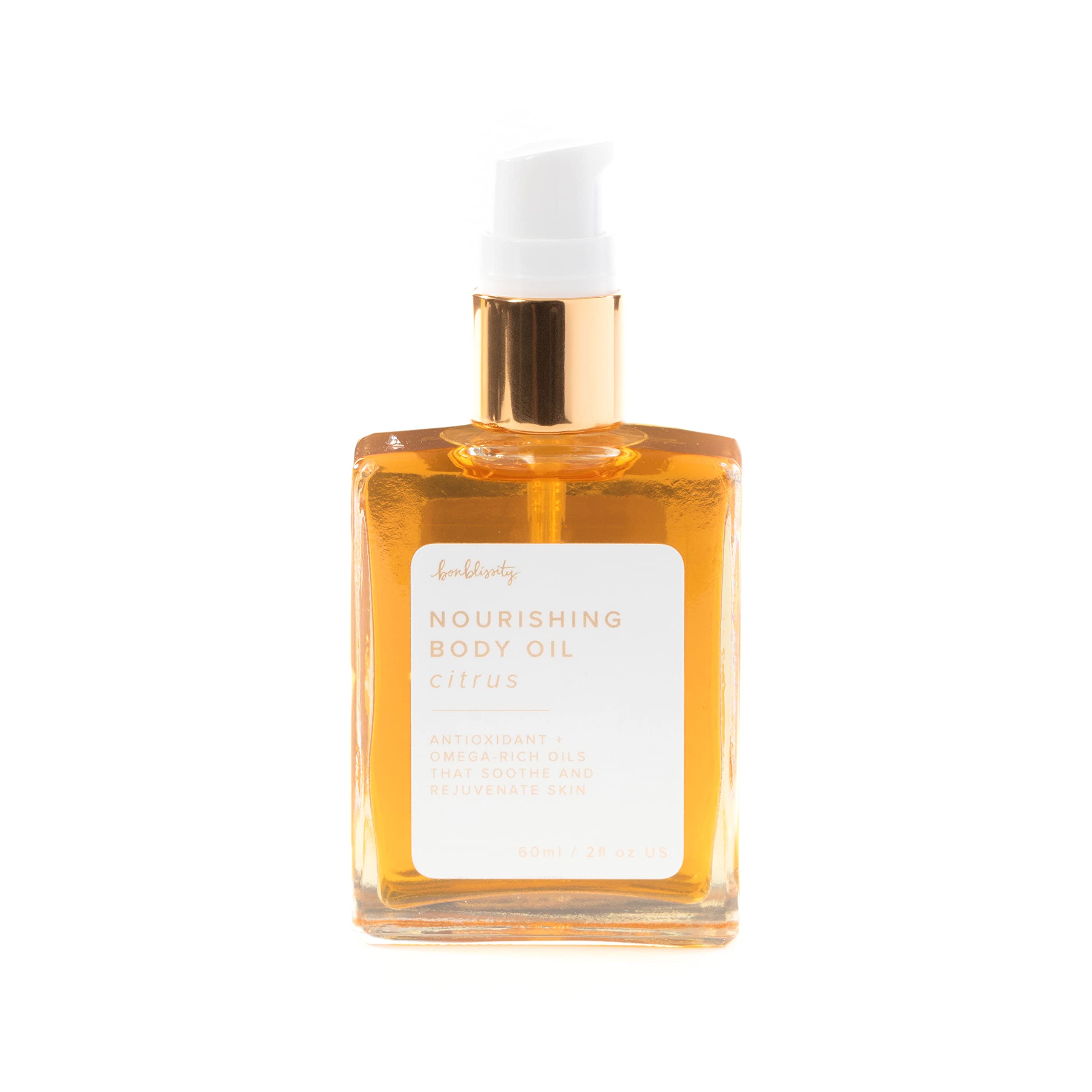 Bonblissity Nourishing Body Oils citrus bottle showing citrus scent and lightweight hydration