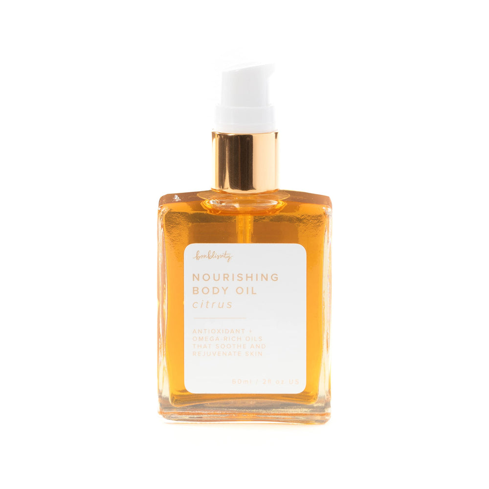 Bonblissity Nourishing Body Oils citrus bottle showing citrus scent and lightweight hydration
