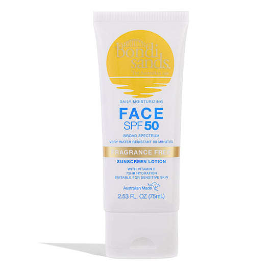 Bondi Sands fragrance-free daily sunscreen bottle front, SPF 50, non-greasy finish.