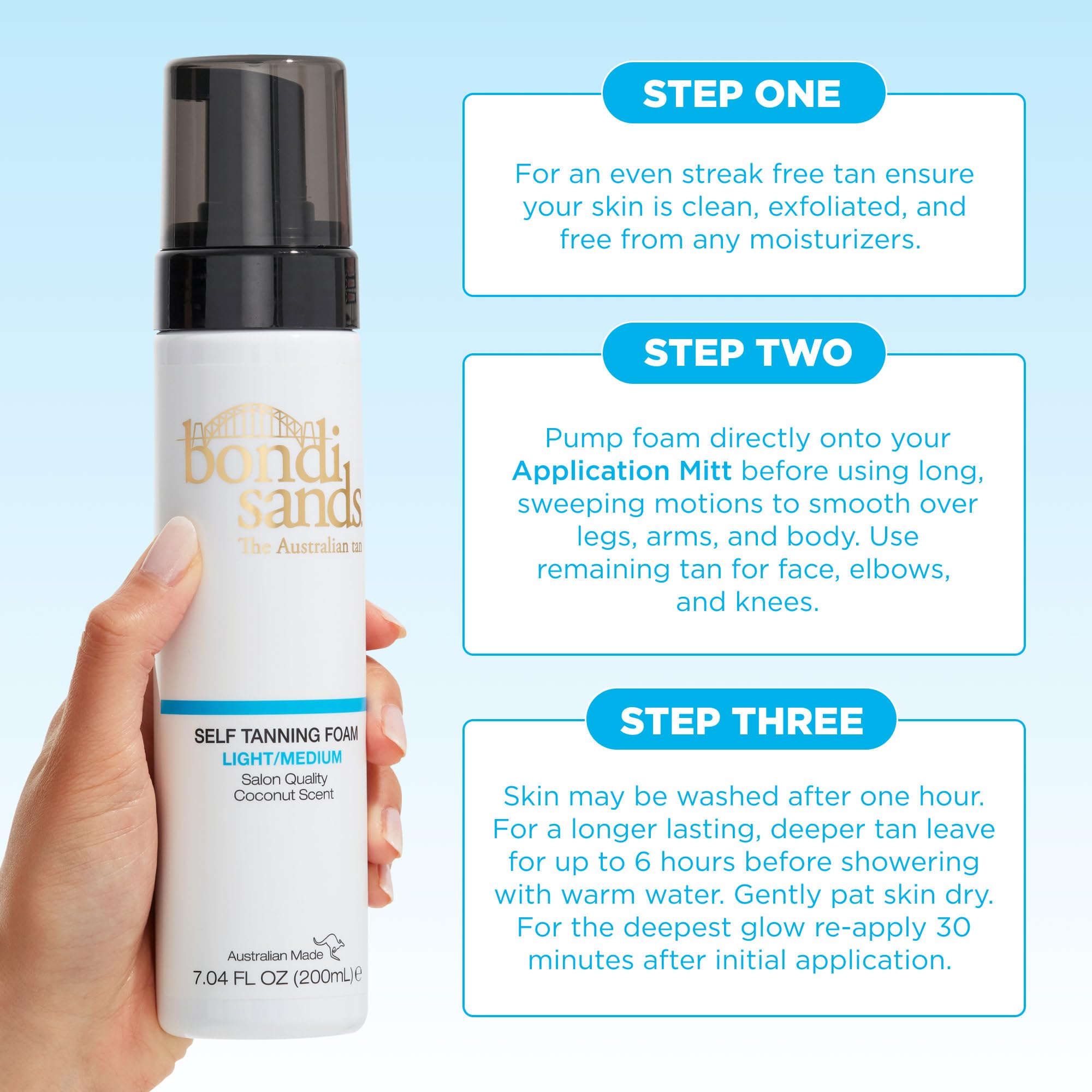Bondi Sands product packaging highlighting easy self-tan steps.