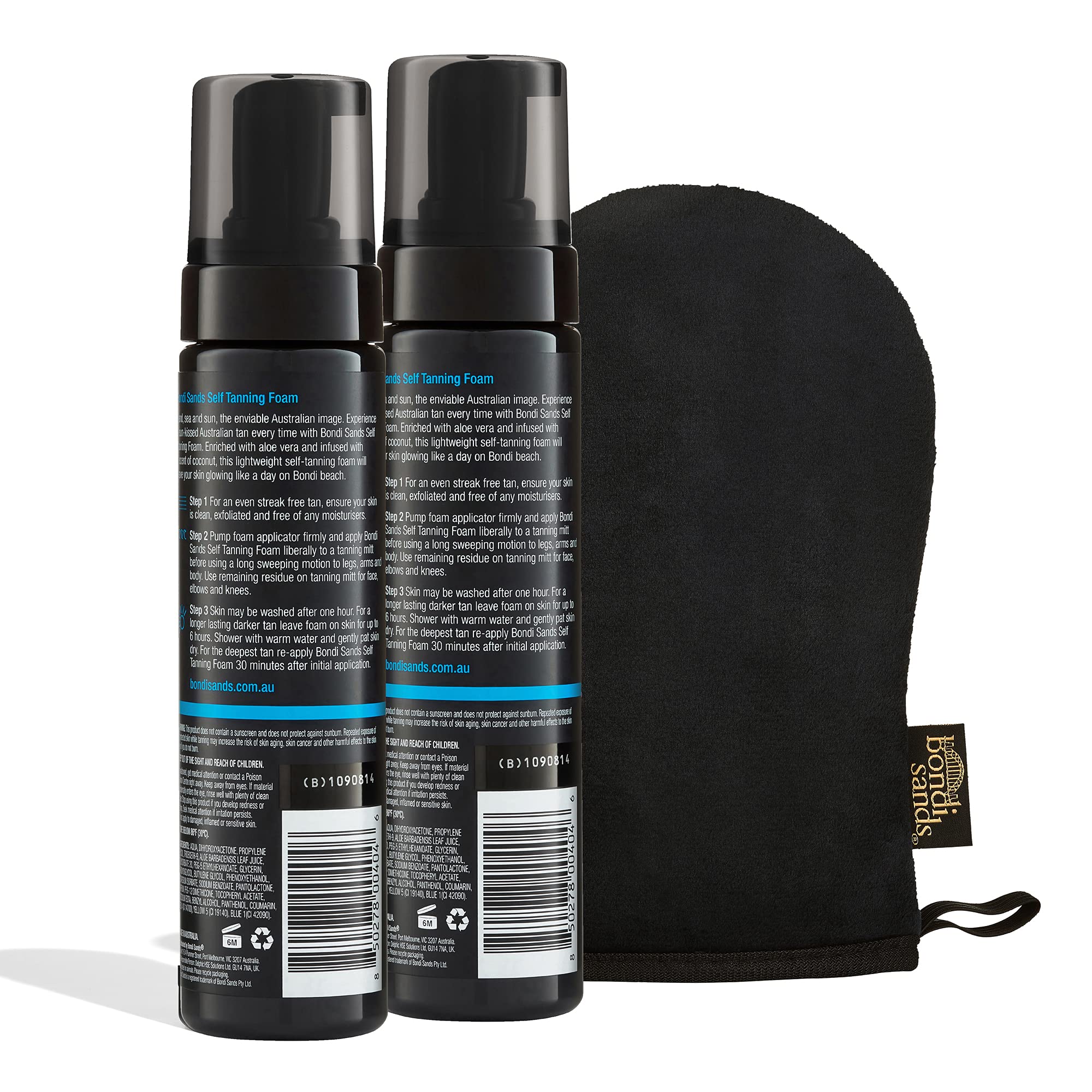 Bondi Sands Self Tanning Foam Duo Dark application mitt close-up guiding even coverage.