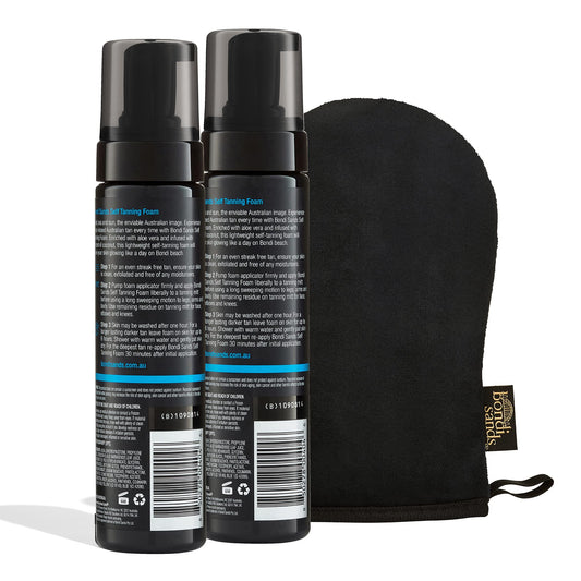 Bondi Sands Self Tanning Foam Duo Dark application mitt close-up guiding even coverage.
