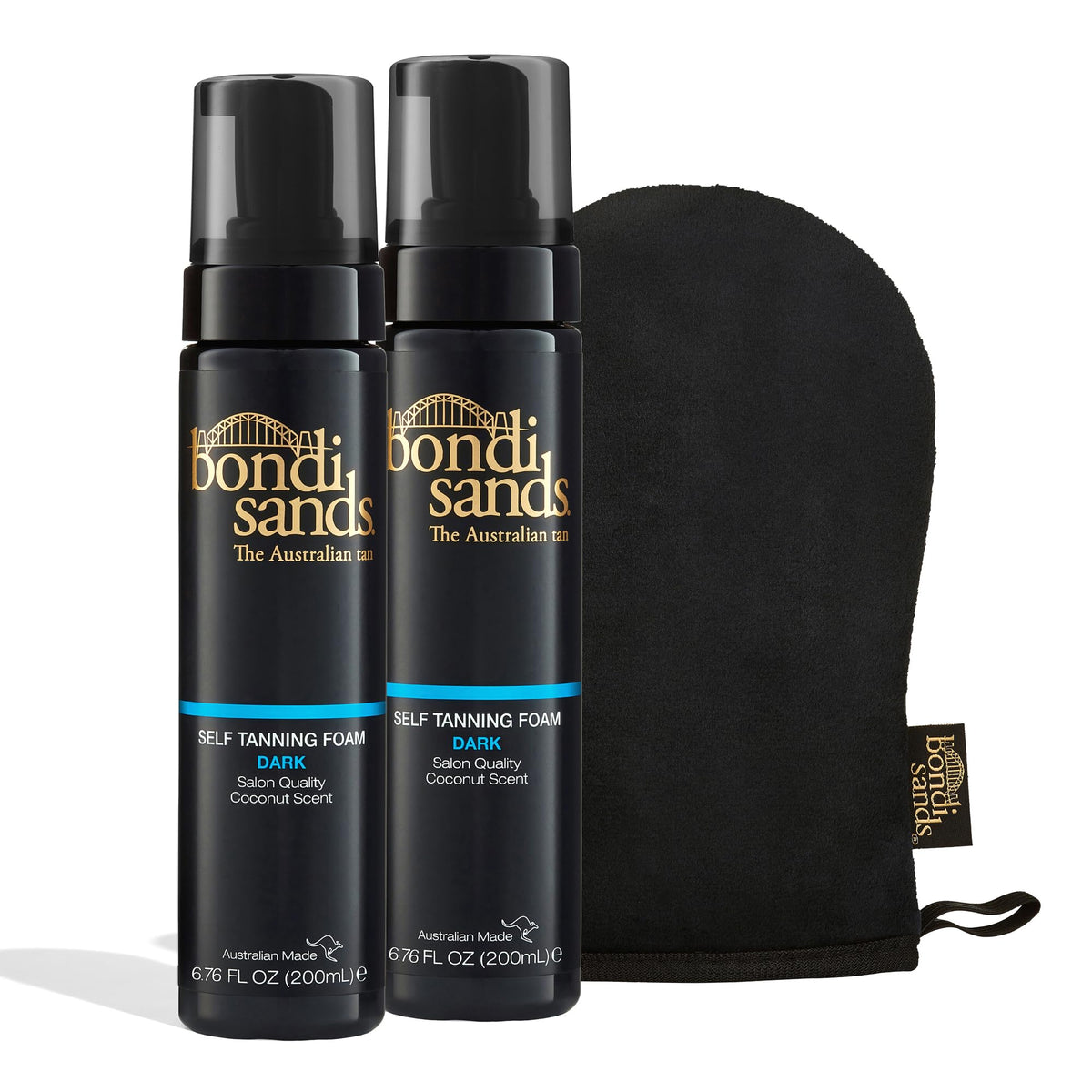 Bondi Sands Self Tanning Foam Duo Dark bottle with reusable mitt for smooth, streak-free application.