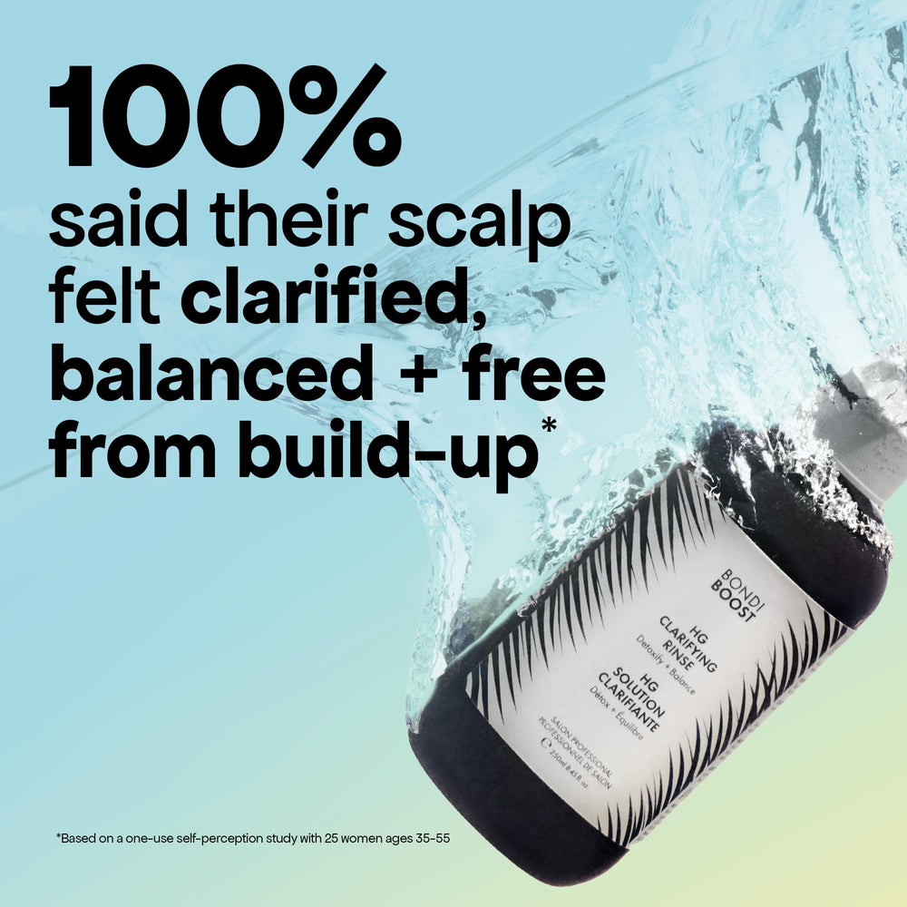 BondiBoost HG Clarifying Rinse lactic acid drop highlights gentle exfoliation.