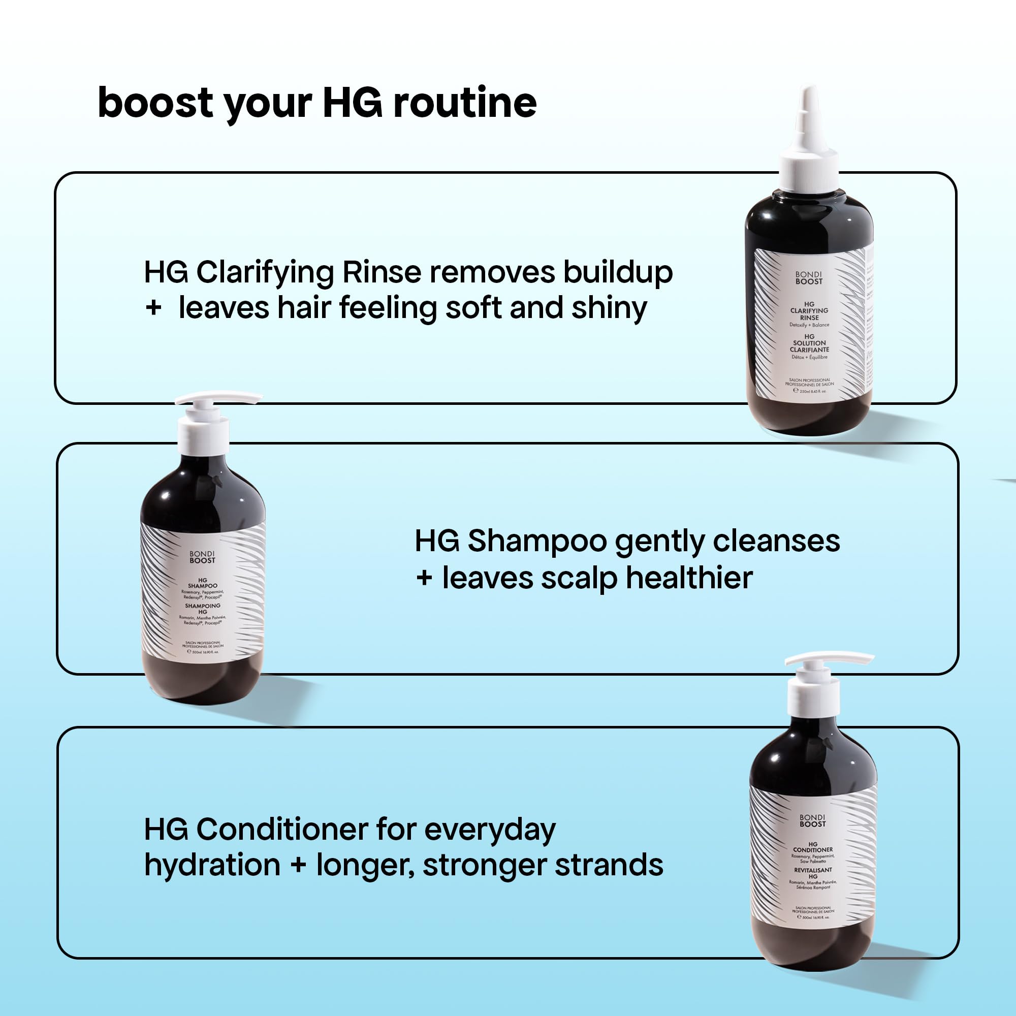 BondiBoost HG Clarifying Rinse label emphasizes natural, salon-grade formula.