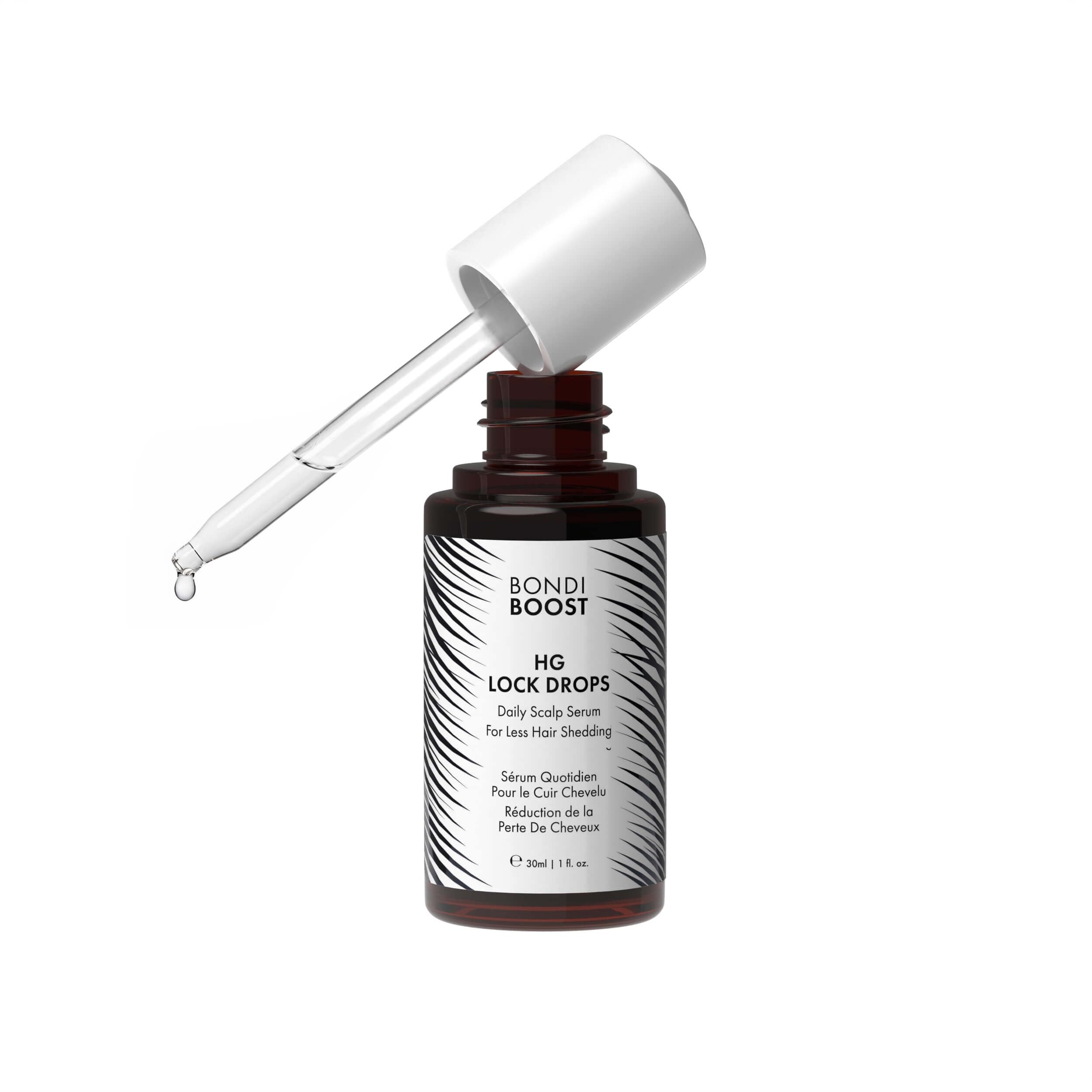 BondiBoost HG Lock Drops bottle close-up for daily scalp care