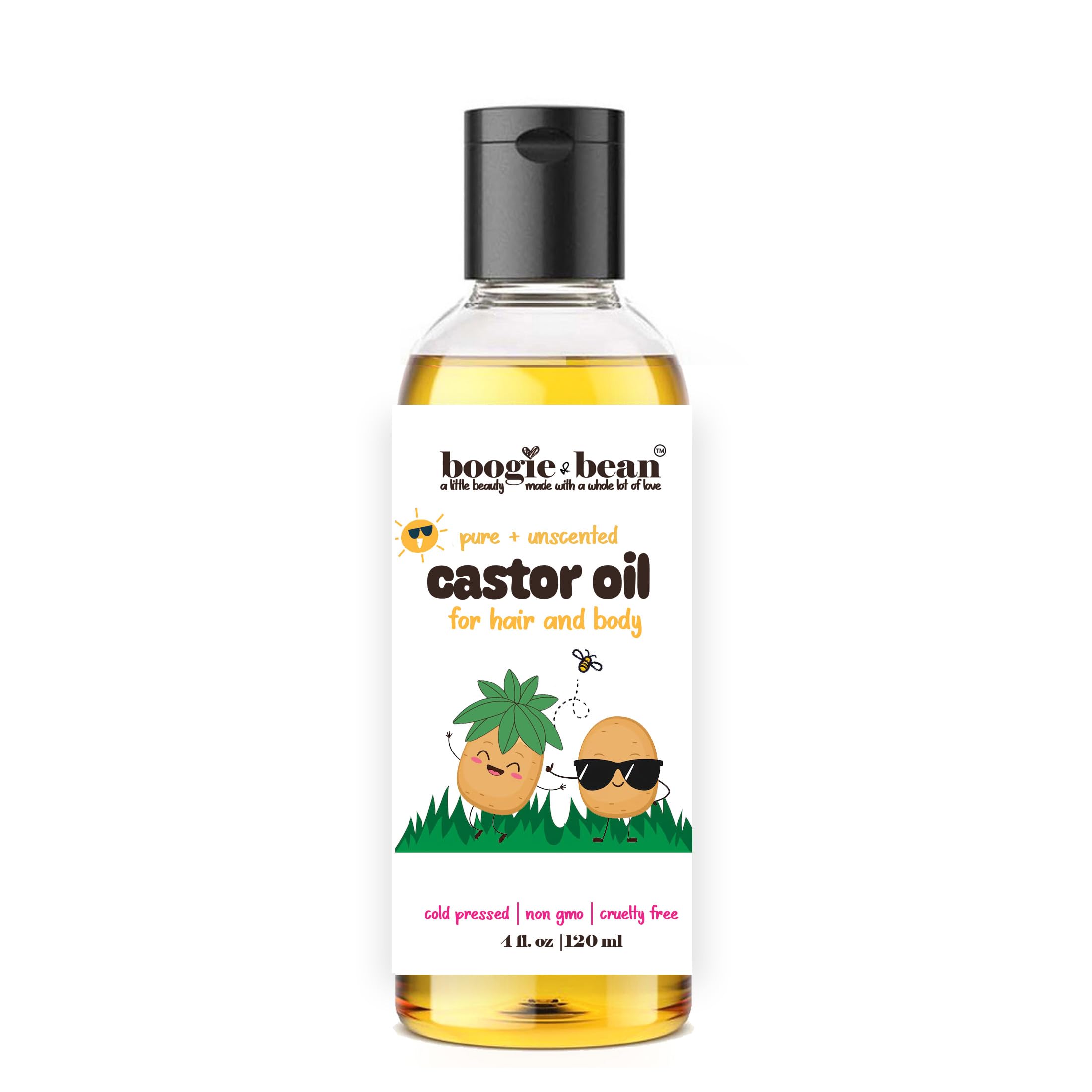 Boogie and Bean Castor Oil cold-pressed bottle for gentle skin and hair care