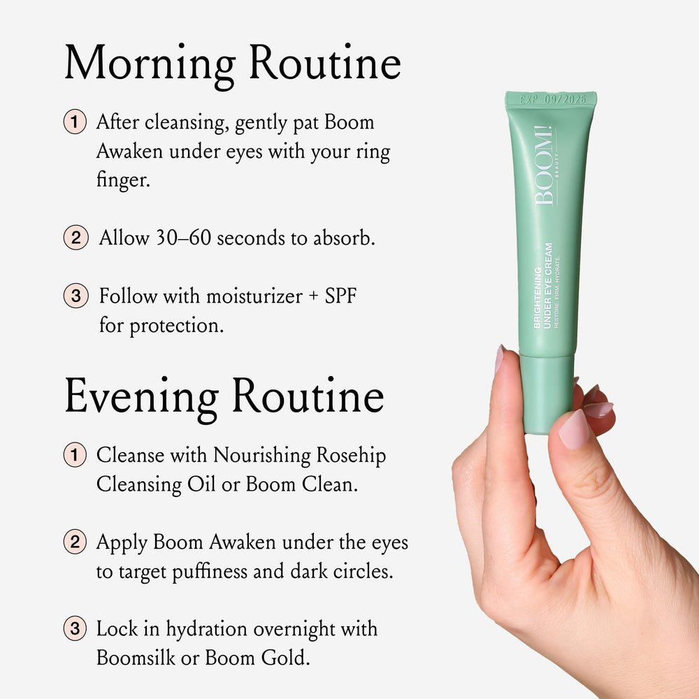 Boom Awaken bottle close-up shows a soothing, lightweight texture.