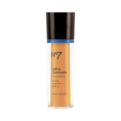 Boots No7 Lift Luminate Foundation Cool Ivory texture swirls on skin for seamless blending.