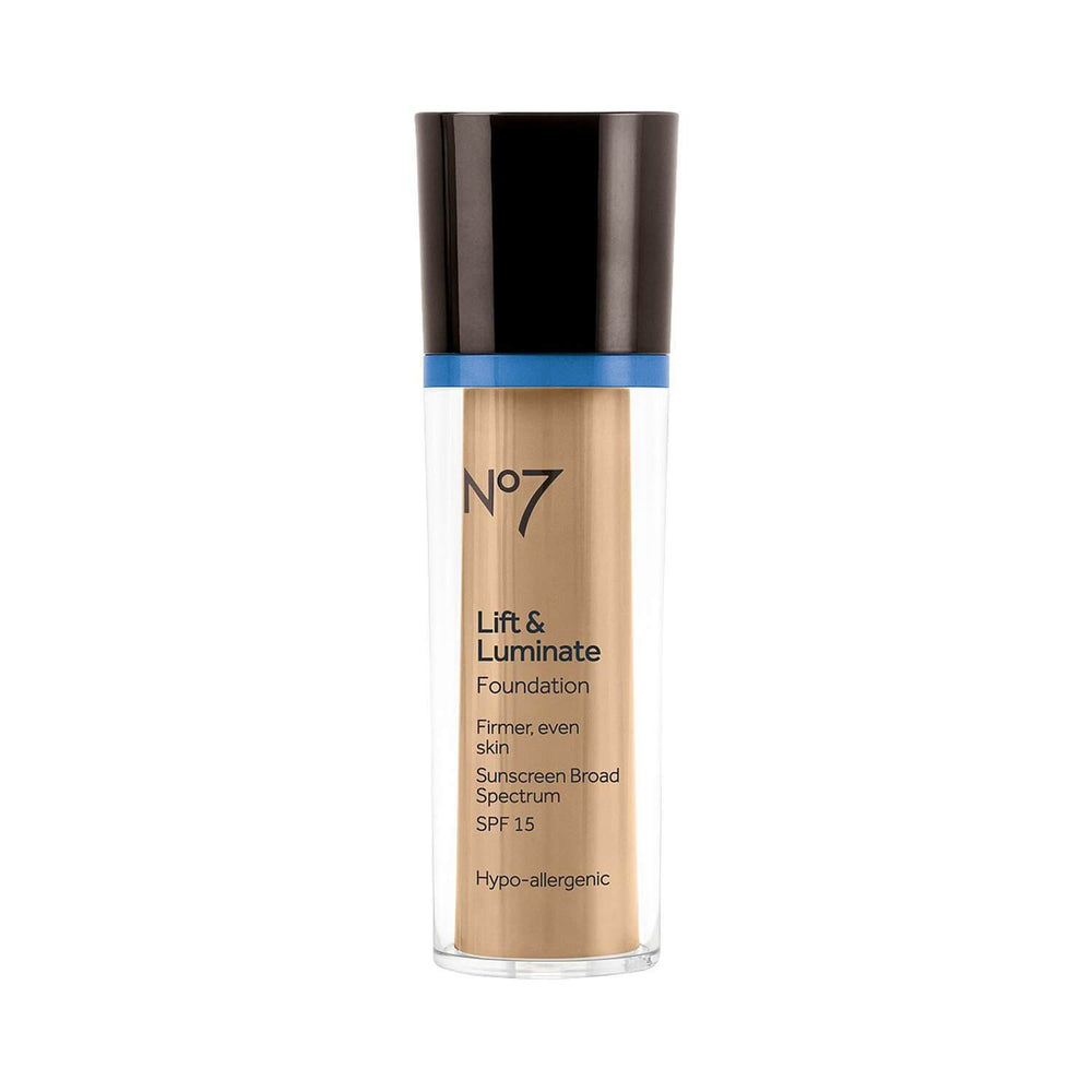 Boots No7 Lift Luminate Foundation Cool Ivory packaging suggests long-lasting comfort and glow.