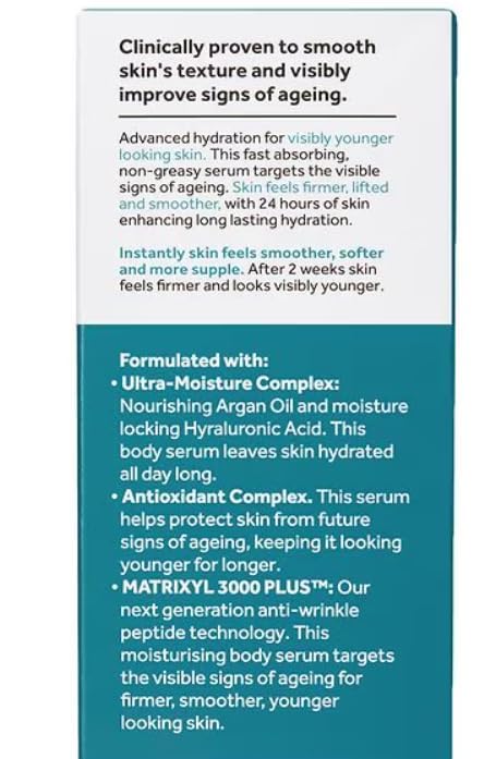 Boots No7 Protect and Perfect Body Serum bottle closeup emphasizes hypoallergenic formula.