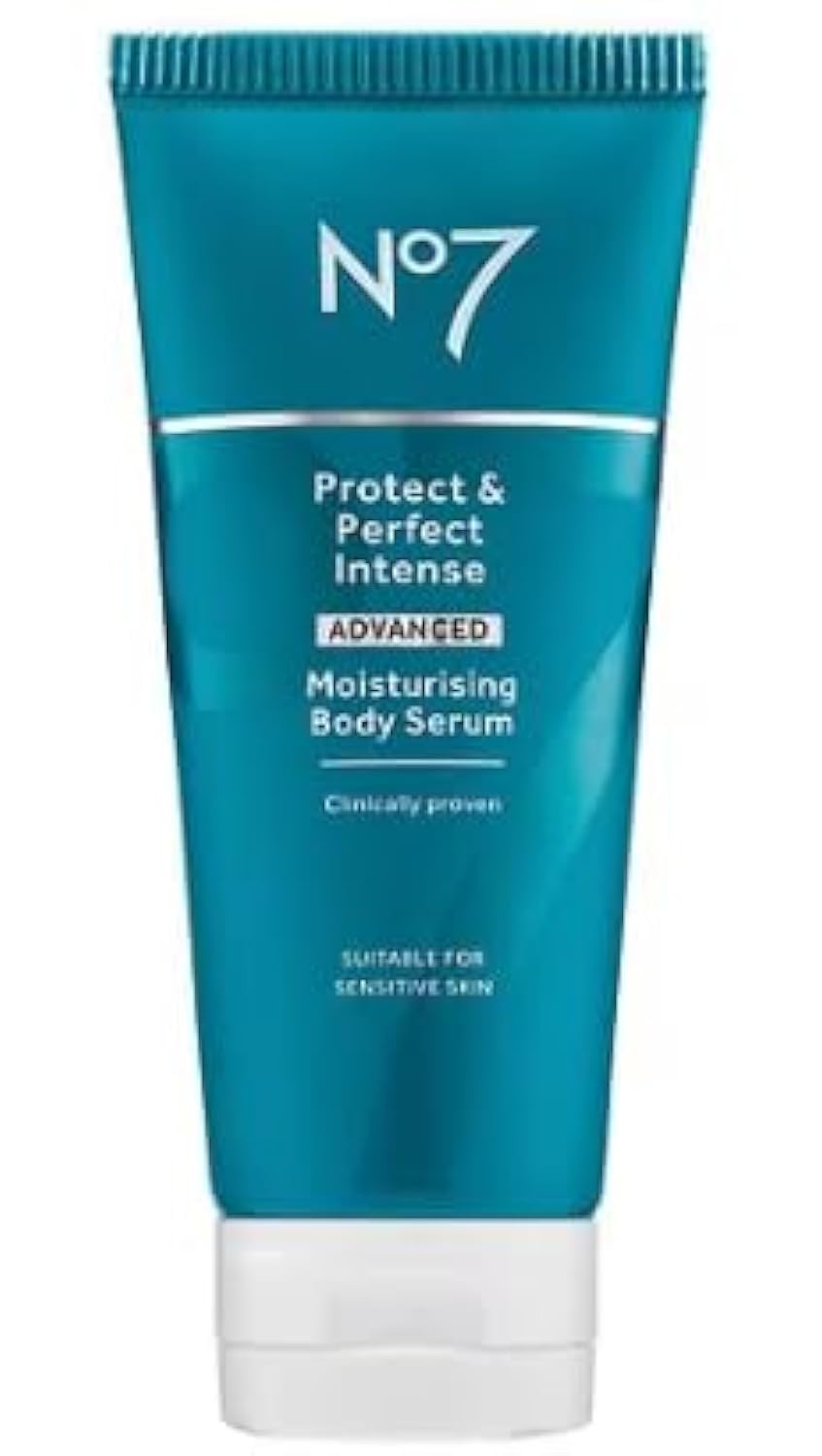 Boots No7 Protect and Perfect Body Serum packshot highlights the hydrating formula.