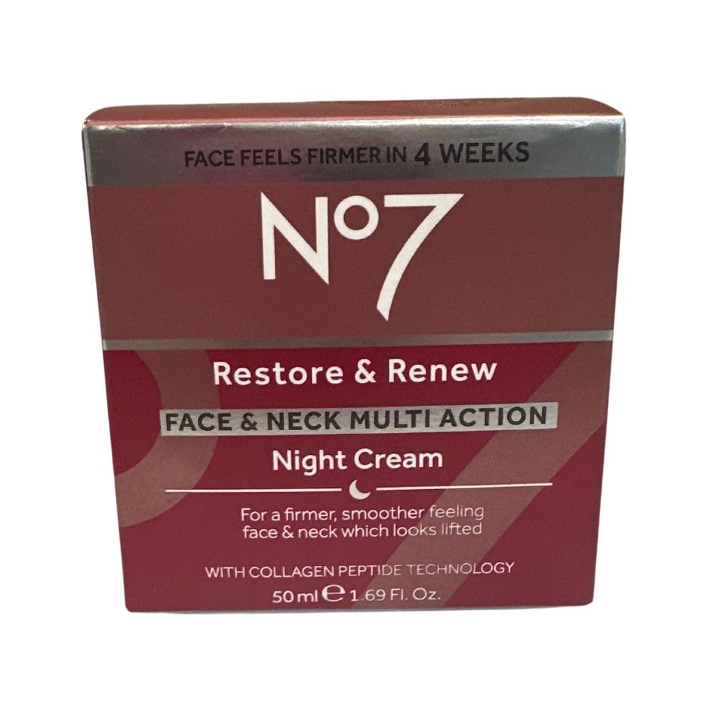 Boots No7 Restore and Renew night cream bottle on display highlights anti-aging formula.