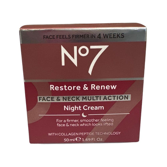 Boots No7 Restore and Renew night cream bottle on display highlights anti-aging formula.