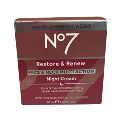 Boots No7 Restore and Renew night cream bottle on display highlights anti-aging formula.