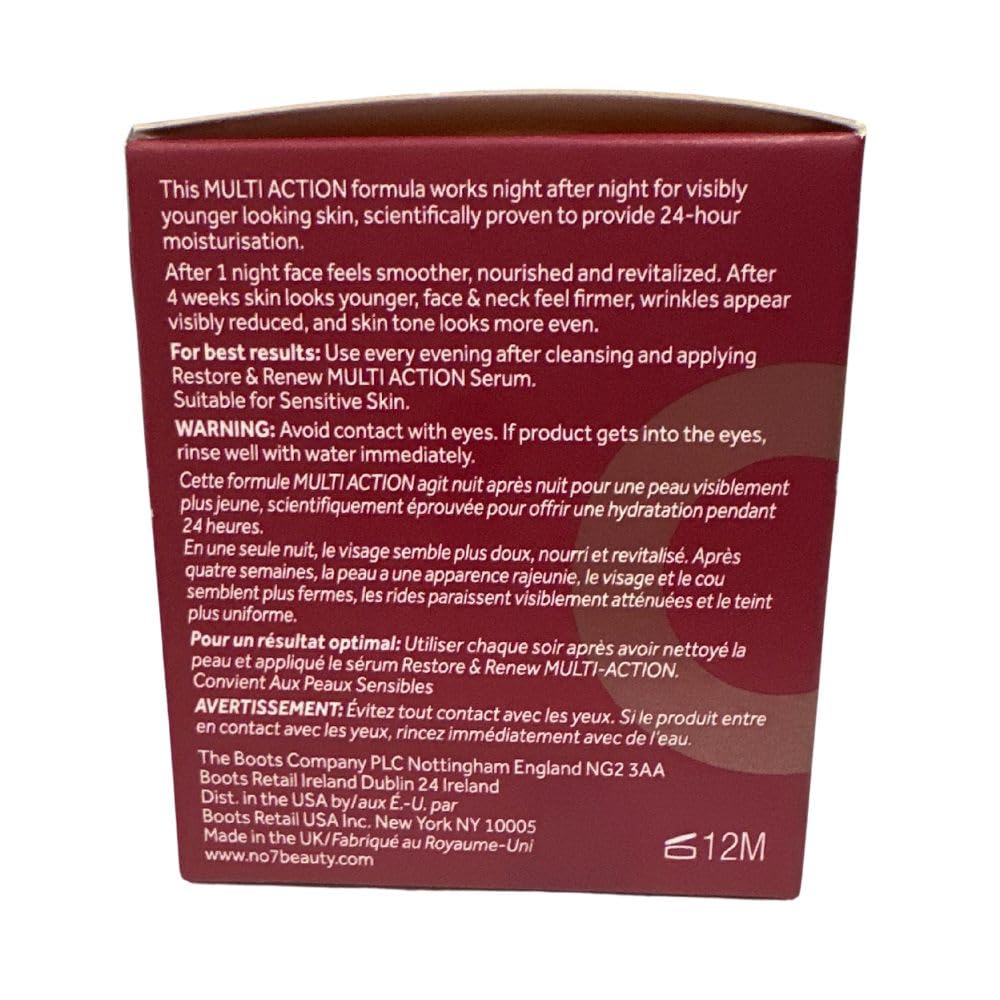Boots No7 Restore and Renew night cream jar with lid open shows creamy texture.