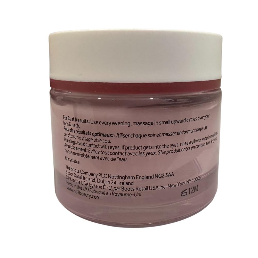 Boots No7 Restore and Renew night cream on a vanity during bedtime routine.