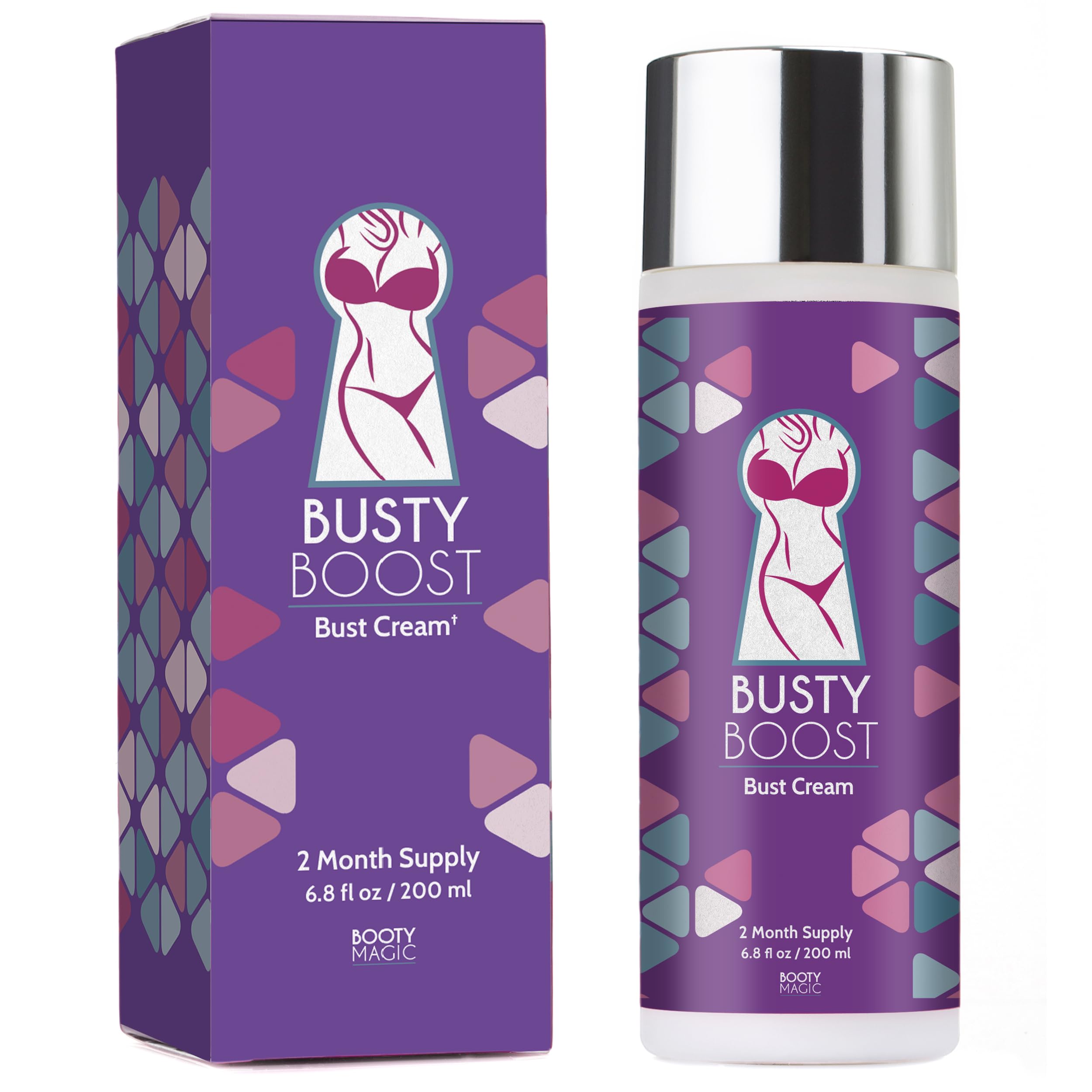Booty Magic Busty Boost cream tube close-up highlighting natural formula for skin nourishment.