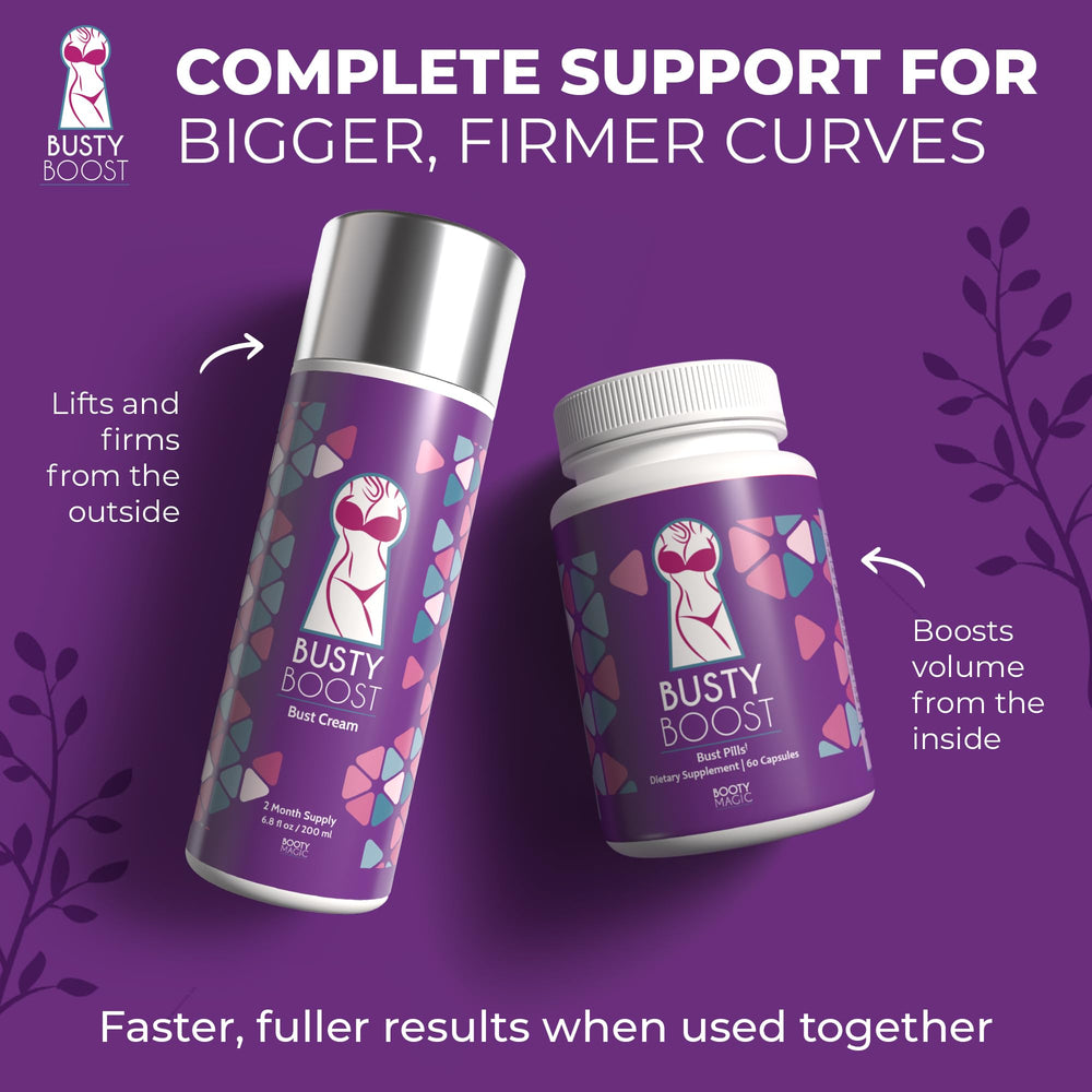 Booty Magic Busty Boost 2-month supply packaging ready for shelf display.