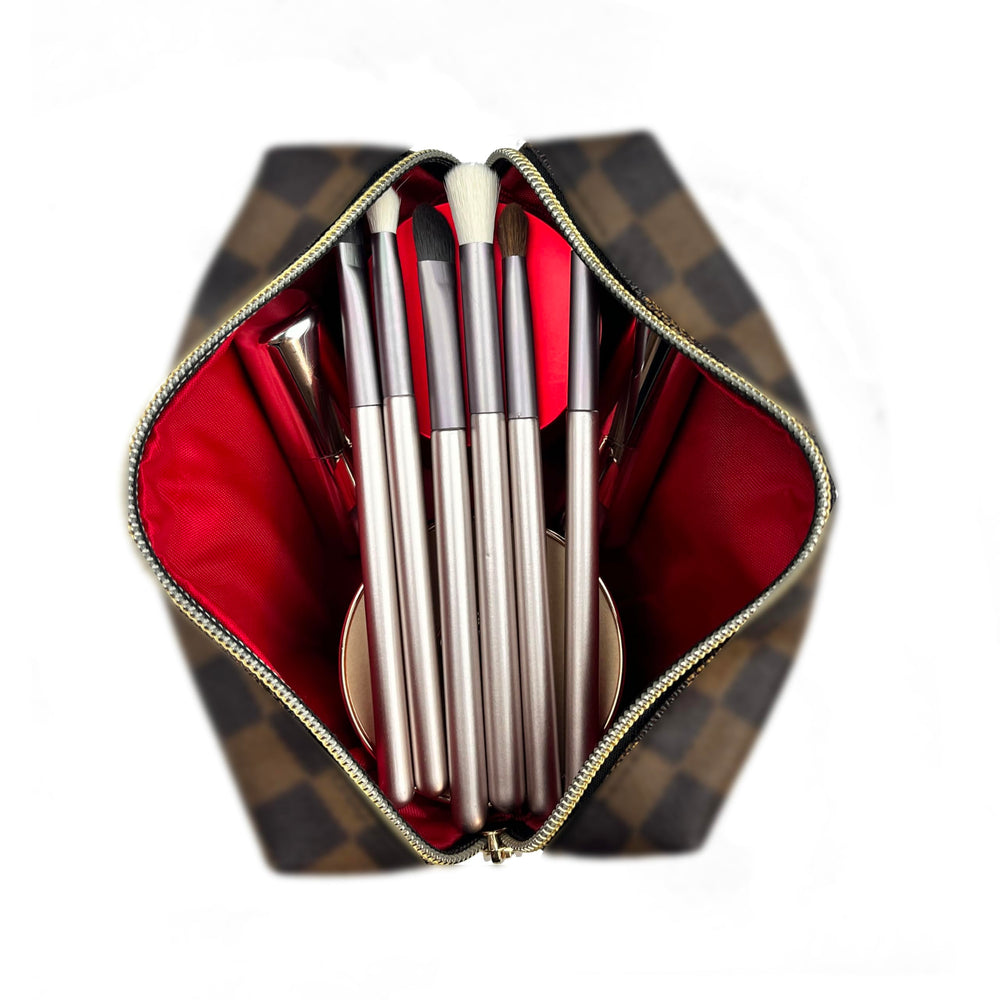 Bopomofo brown checkered coin purse stores small essentials securely.